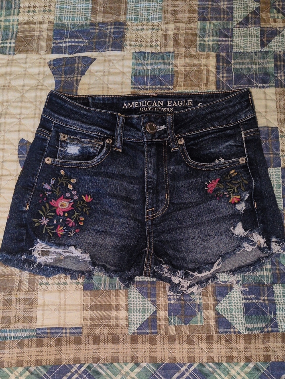 American Eagle Outfitters Dark Blue Denim Shorts with Floral Embroidery